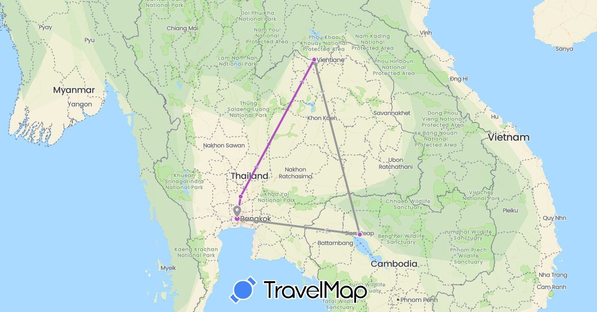TravelMap itinerary: driving, plane, train in Cambodia, Laos, Thailand (Asia)
